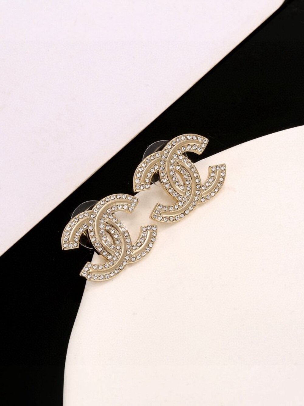 Classic Chanel-Style Double C Full Diamond Stud Earrings, Luxury Versatile Style